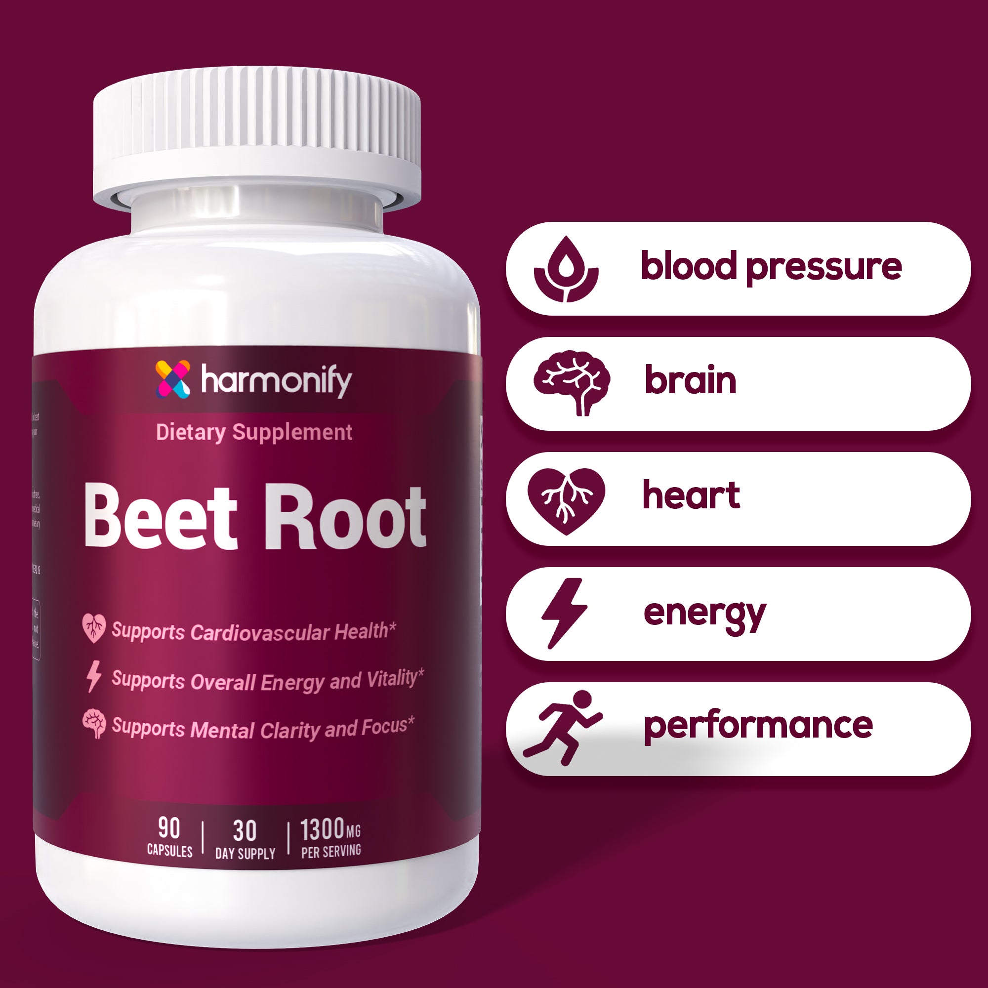 HARMONIFY Beet Root Capsules – 1300mg per Serving – 90 Capsules | 30-Day Supply | Supports Cardiovascular Health, Energy & Mental Clarity | Made in USA